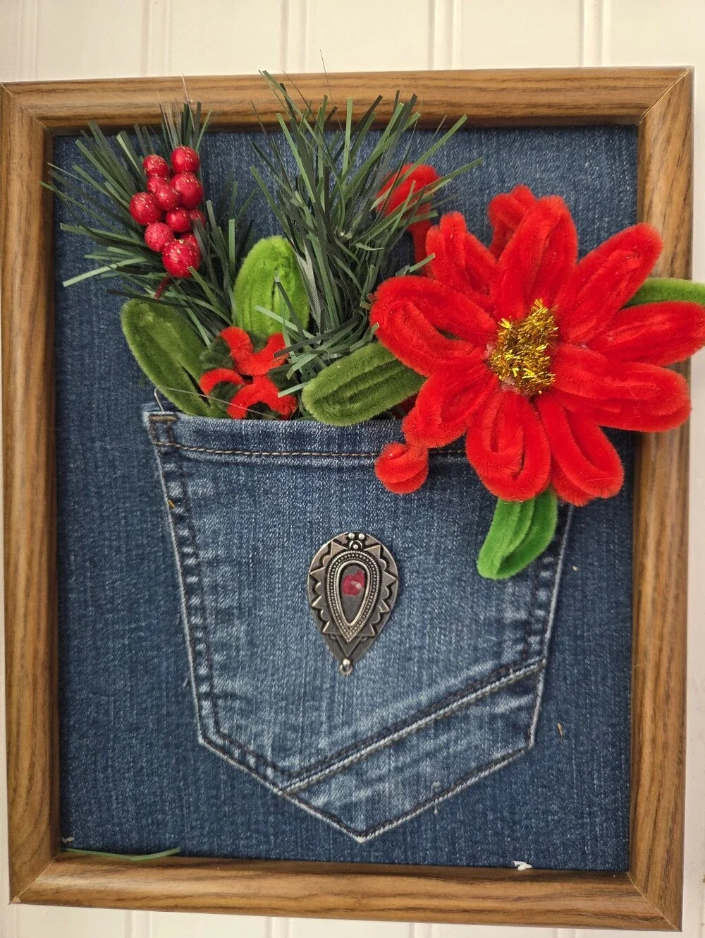 Hand Made 8x10 Framed Denim Pocket Wall Accent with Red Pointsettial Bouquet